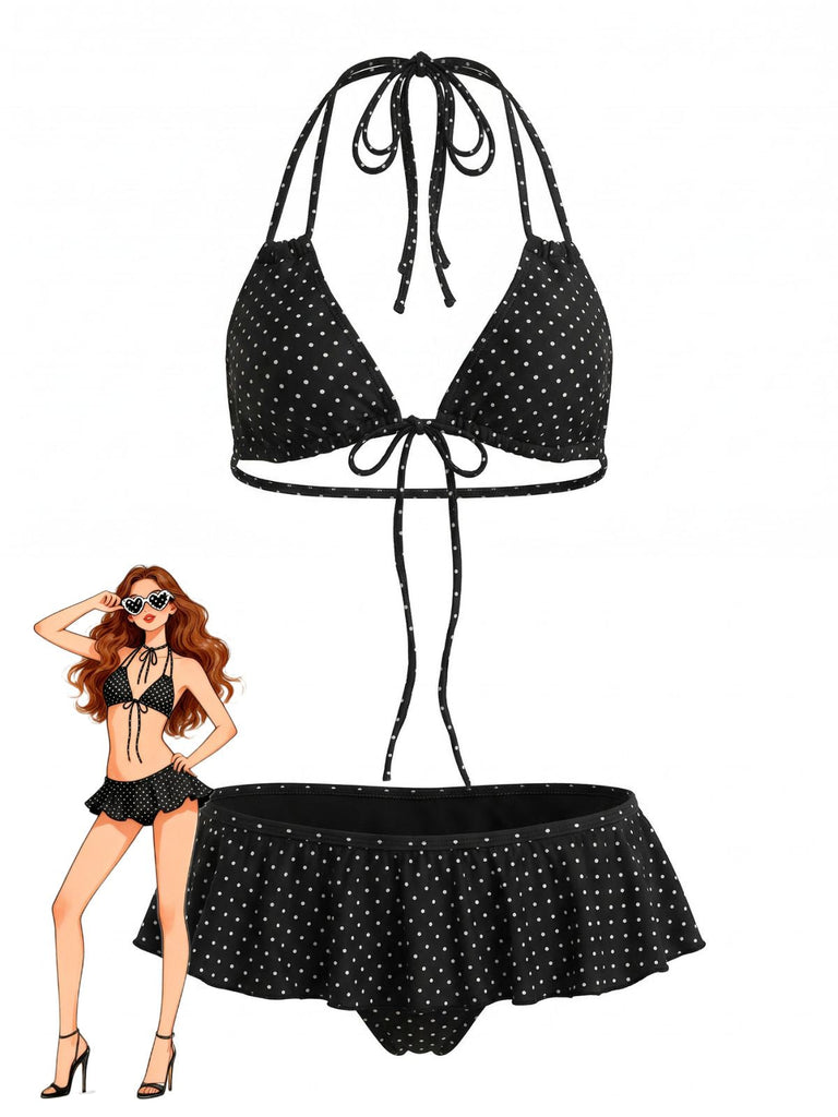 Schwarzes Bikini-Set im Stil der 1950er Jahre mit Rüschen, Schnürung und Polka-Dots