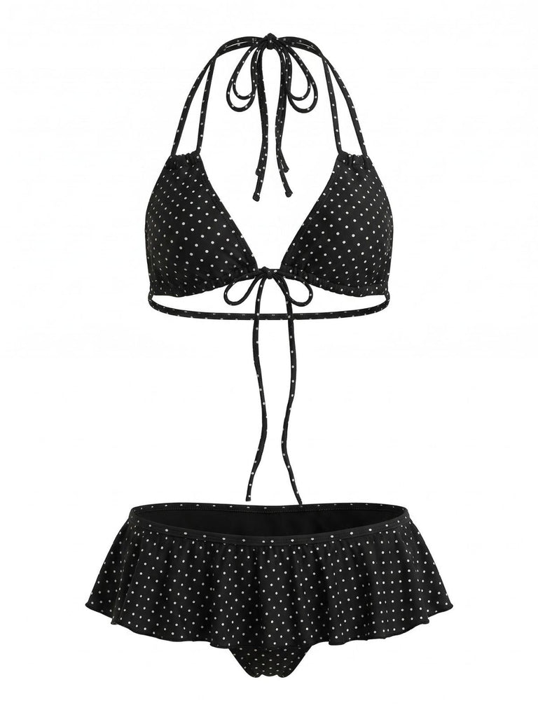 Schwarz 1950er Rüschen Schnürung Polka Dot Bikini Set