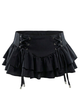 Schwarz 1950er Schnürung Gestuft Hem Rock Cover Up