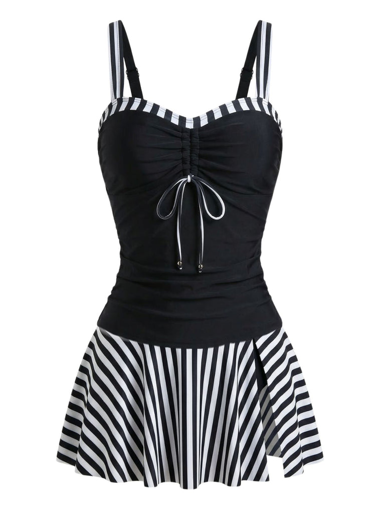 Schwarzes 1950er Streifen Farbblock Gerafft Tankini-Set
