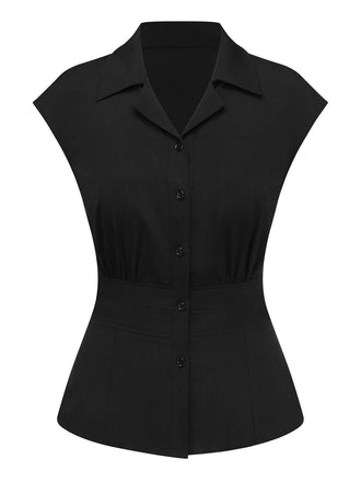 Schwarz 1950er Uni Flatterärmel Bluse