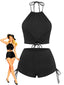 [Vorverkauf] Schwarz 1960er Uni Halter Gerafft Bikini Set