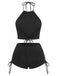 Klassischer schwarzer zweiteiliger Badeanzug mit Neckholder-Design und Raffungen, ideal für den Retro-Strandlook und Sommerurlaub