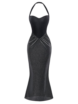 Elegantes schwarzes Glitzer-Maxikleid mit Neckholder und Meerjungfrauensaum, das den Glamour der 1970er Jahre für formelle Abendgalas oder Partys mit Retro-Motto einfängt.