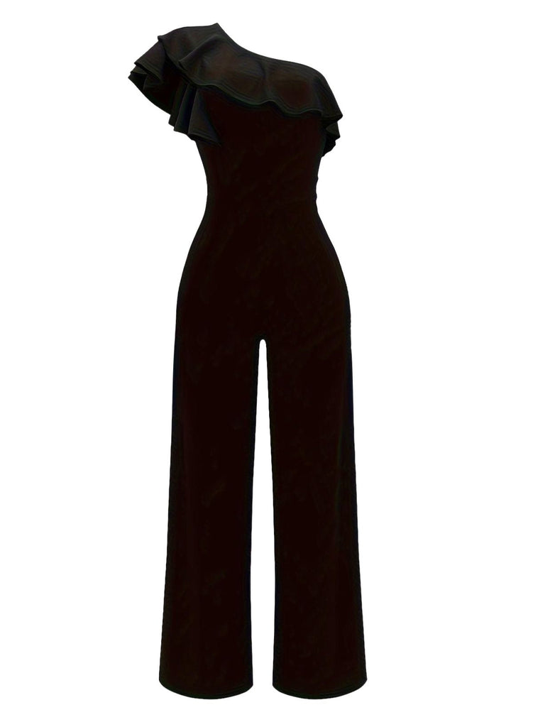 Schwarzer One-Shoulder-Jumpsuit auf weißem Hintergrund