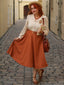 Khaki 1950er Farbblock Langarm Taste Kleid