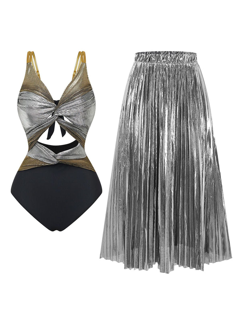 Bikini-Set mit metallisch schimmerndem Faltenrock auf weißem Hintergrund