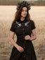 Schwarz 1940er Baumwolle Blumen Besticktes Westlicher Stil Kleid