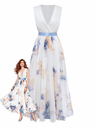 Frau in einem weißen Kleid mit blauem Blumenmuster auf weißem Hintergrund