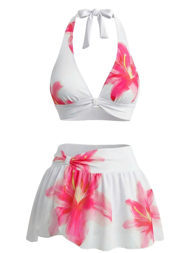 Weiß 1930er Lilien Blumen Halter Wickel Netz Rock Bikini Set