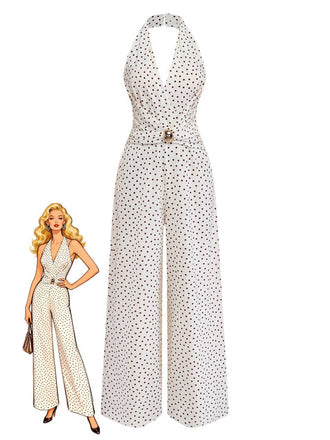Weißer Vintage-Jumpsuit im Stil der 1930er Jahre mit Polka-Dots, Neckholder, tiefem V-Ausschnitt und geraffter Taille, entworfen für sommerliche Retro-Anlässe.