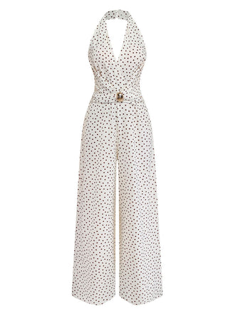 Klassischer weißer Jumpsuit mit Polka-Dots und Neckholder im Stil der 1930er Jahre mit tiefem V-Ausschnitt und geraffter Taille für Vintage-inspirierte Events