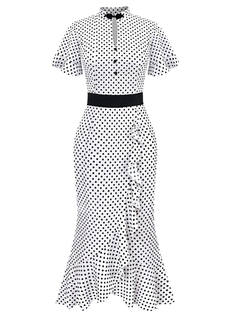 Weiß 1930er Polka Dot Rüschen Meerjungfrauenkleid front