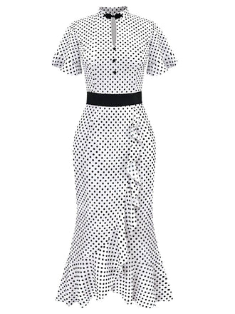 Weiß 1930er Polka Dot Rüschen Meerjungfrauenkleid front