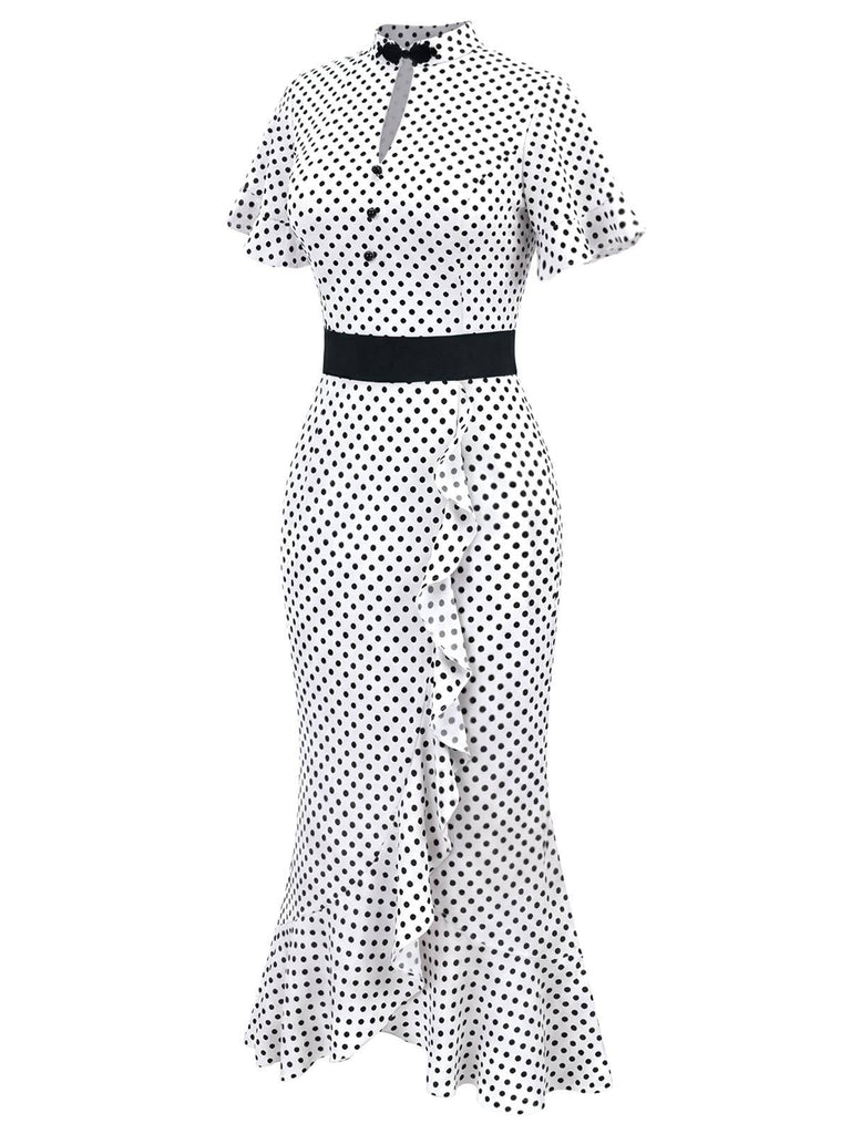 Weiß 1930er Polka Dot Rüschen Meerjungfrauenkleid-side