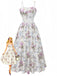 Ein weißes A-Linien-Midikleid mit romantischem Print aus lila Blumen und blauen Bändern, Spaghettiträgern und betonter Taille, abgebildet mit einer Retro-Modeillustration.