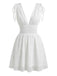 White 1950er Plunging Gesmokt Waist Textured Abwesenheits Kleid