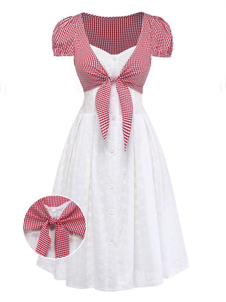 Weiß 1960er Baumwolle Faux Two-Piece Kariert Puffärmel Kleid