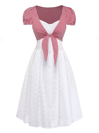 Weiß 1960er Baumwolle Faux Two-Piece Kariert Puffärmel Kleid