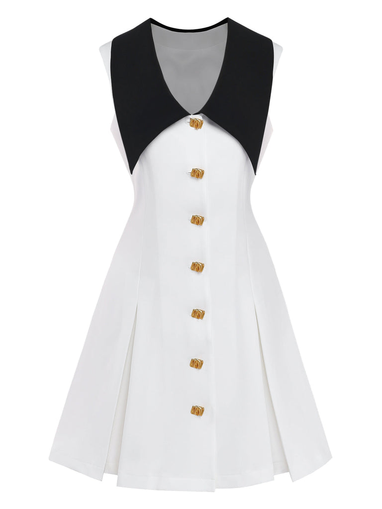 Weißes Midikleid im Stil der 1960er Jahre mit Reverskragen und Metallknöpfen, Größe 6