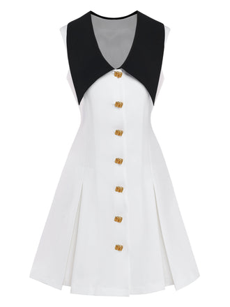 Weißes Midikleid im Stil der 1960er Jahre mit Reverskragen und Metallknöpfen, Größe 6