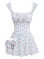 Weiß 1970er Blumen Rüschen Kappärmel Badeanzug-Kleid