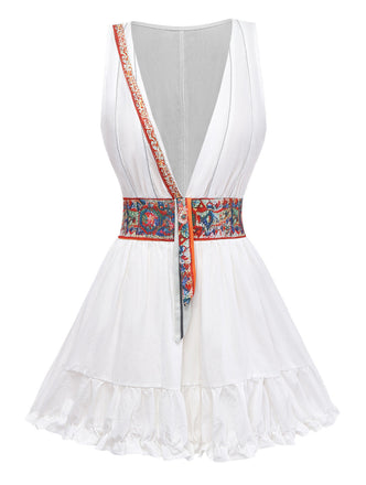 Weißes, ärmelloses Boho-Minikleid im Stil der 1970er Jahre mit V-Ausschnitt, Größe 3