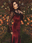 Weinrot 1930er Gothic Hexen Vampir Spitze Langarm Meerjungfrauenkleid