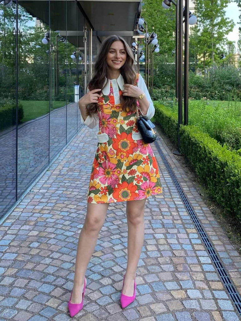 Orange 1960er Revers Blumen Patchwork Kleid