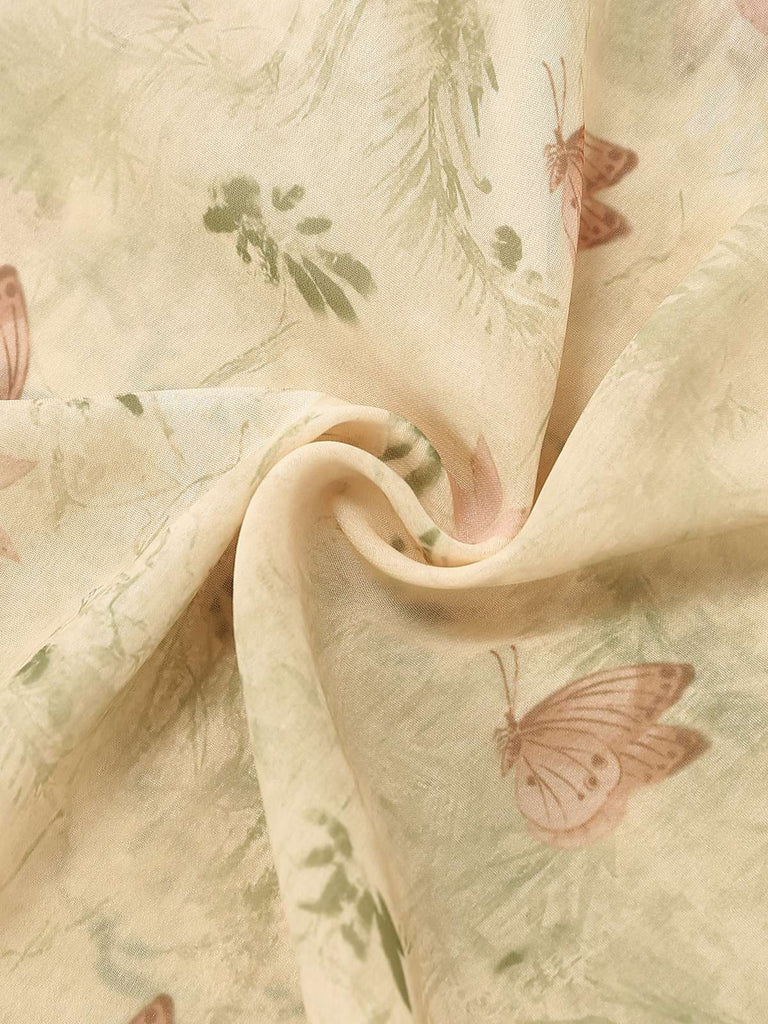 Gelbes Chiffonkleid mit Schmetterlingsärmeln aus den 1930er Jahren – Nahaufnahme