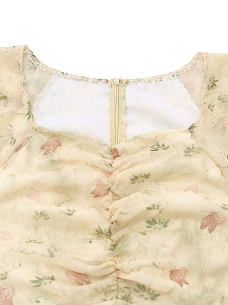 Gelbes Chiffonkleid aus den 1930er Jahren mit Schmetterlingsärmeln – Kragen-Nahaufnahme