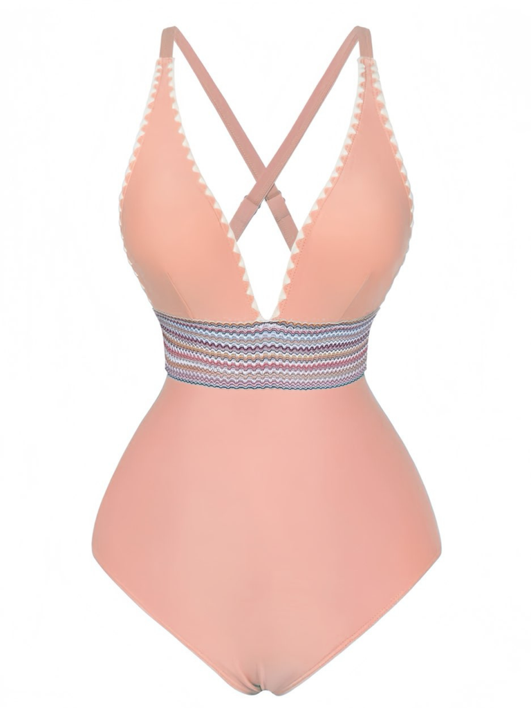 1940er Tiefer V-Ausschnitt Wellig Patchwork Einteiliger Badeanzug