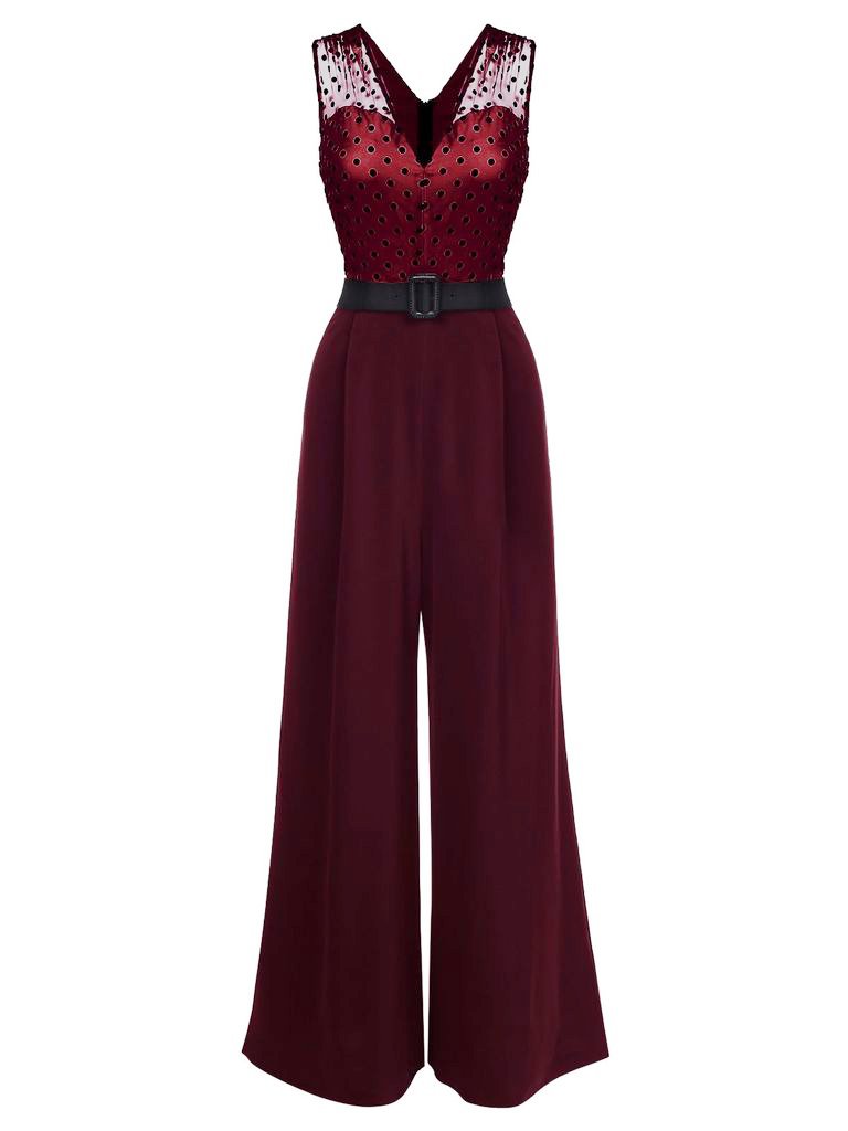 WEINROTER JUMPSUIT MIT GEPUNKTETEM GÜRTEL