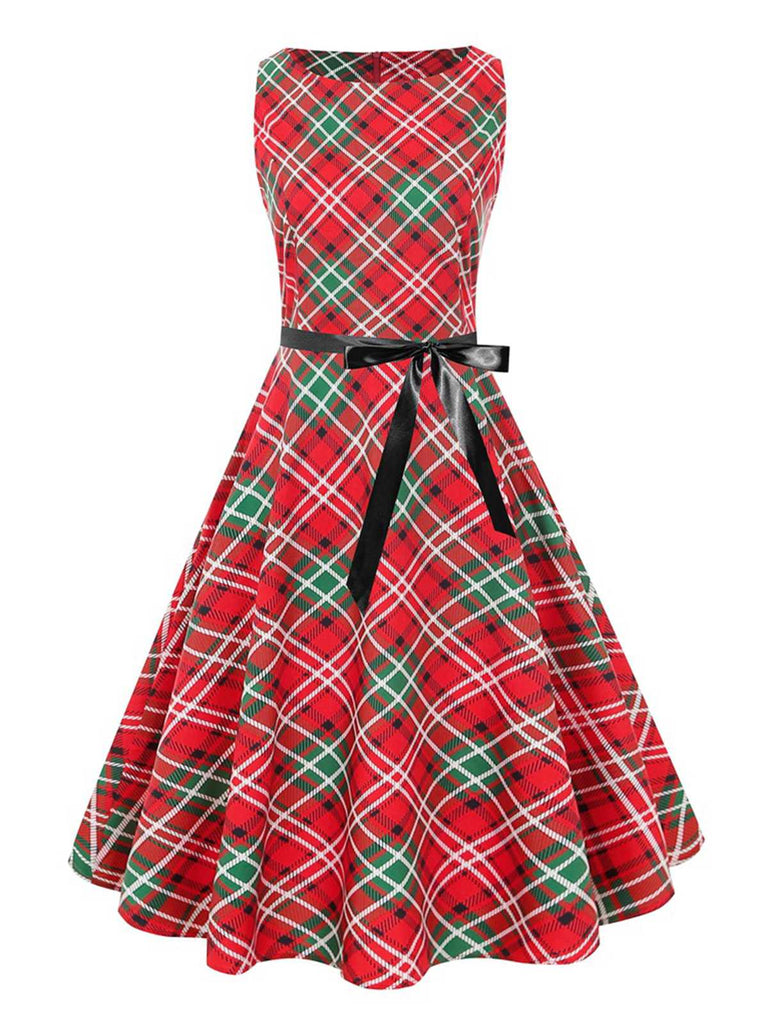 Rot 1950er Weihnachten Plaid Ärmellos Kleid