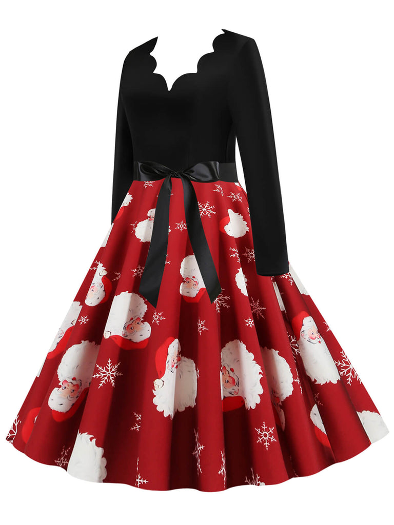 Rot 1950er Santa Claus V-Ausschnitt Gürtel Kleid