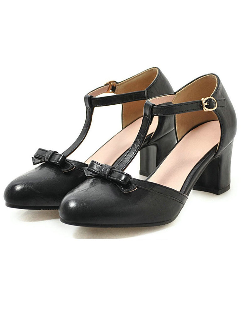 Schwarz Retro Bogen T-Gurt Klobige Absätze Schuhe