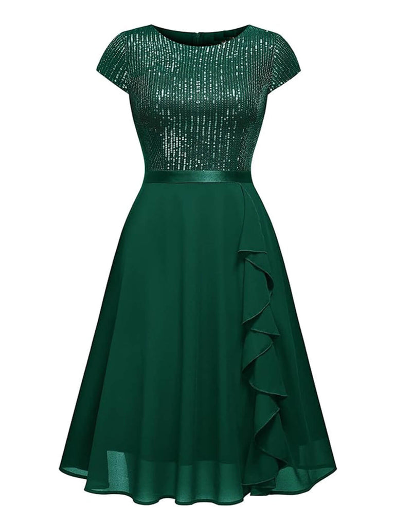 1940er Pailletten Chiffon Rüschenbesatz Swing Kleid