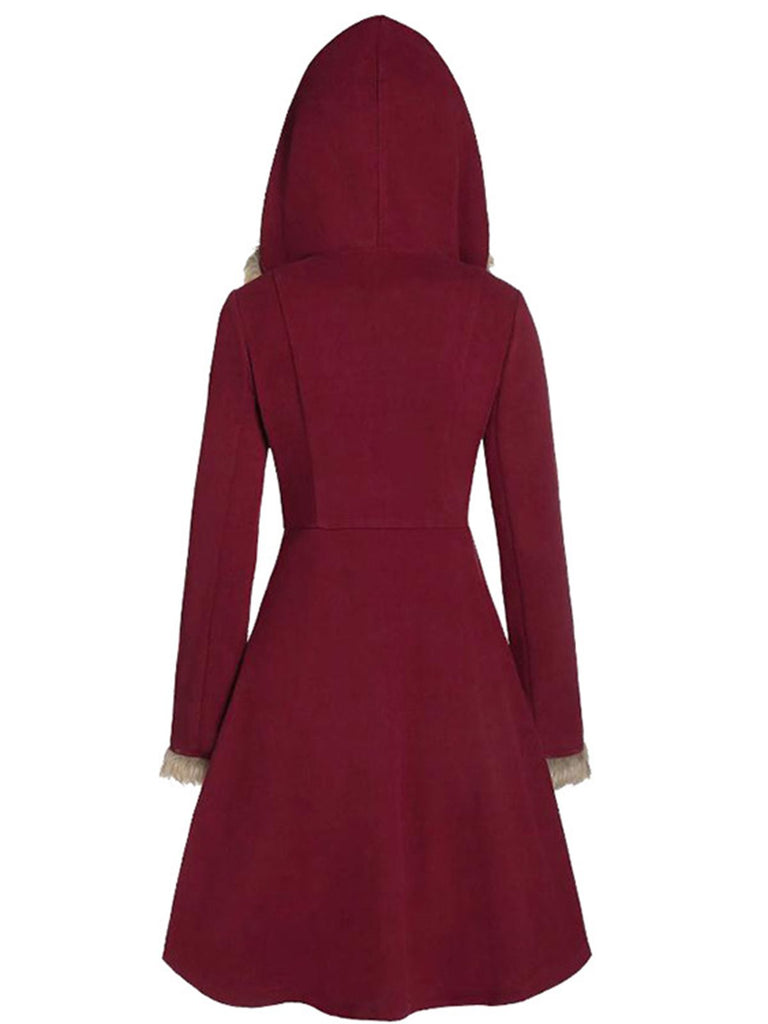 Schwarz 1950er Solide Schnalle Fell Getrimmt Mantel