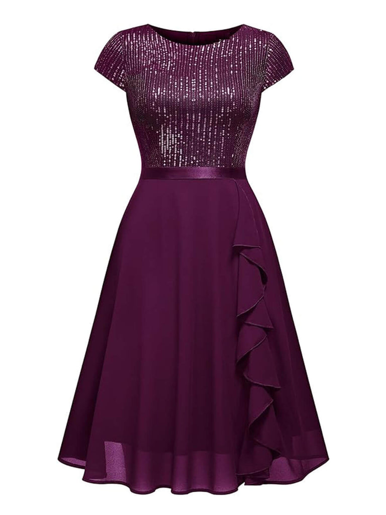 1940er Pailletten Chiffon Rüschenbesatz Swing Kleid