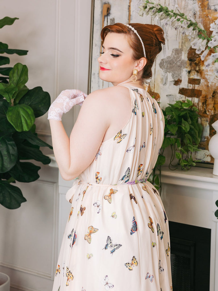 [Vorverkauf] Beiges 30er Vintage Maxikleid mit Blumen und Schmetterlingen