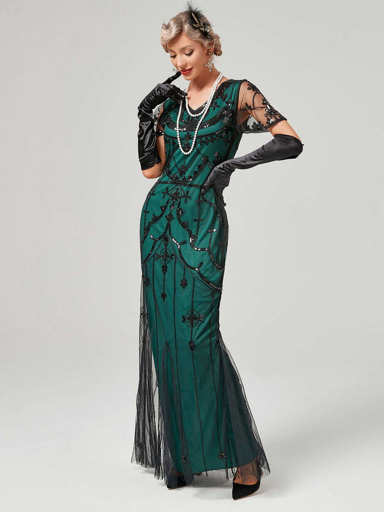 1920er V-Ausschnitt Paillettenbesetztes Mesh Meerjungfrauenkleid Formelles Kleid