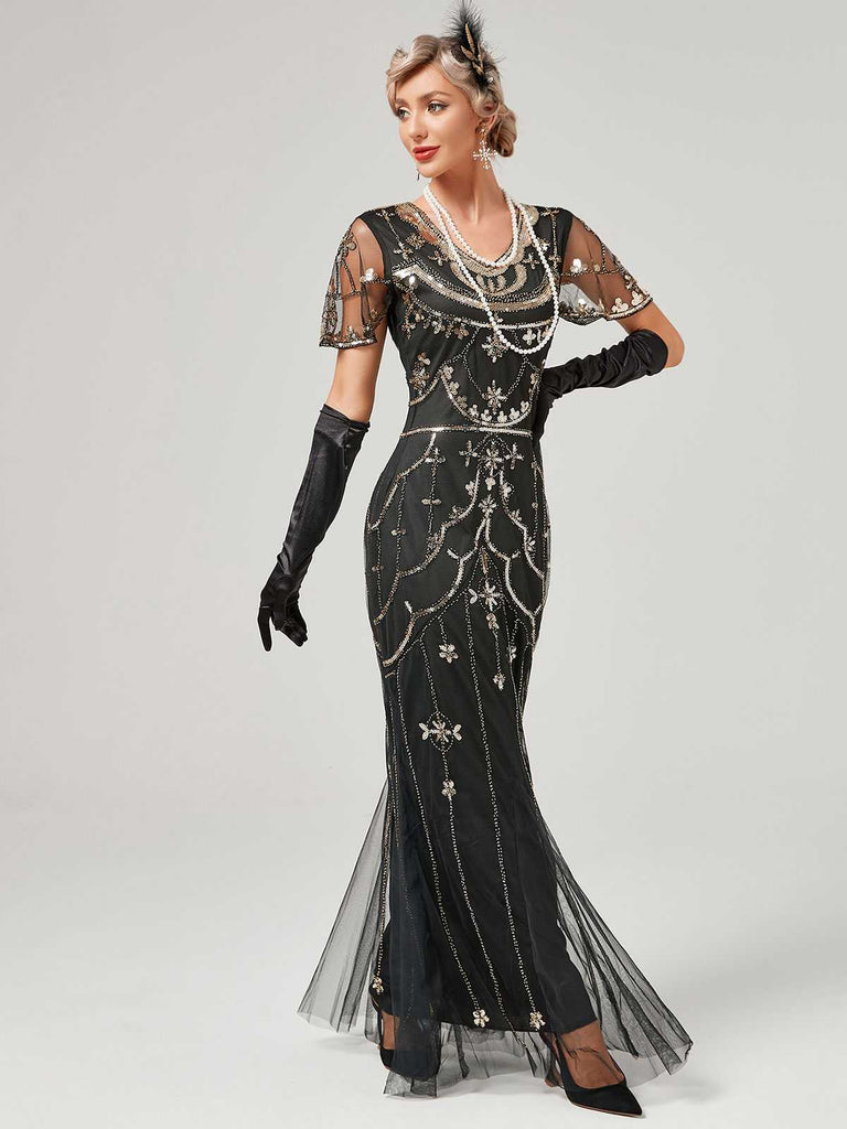 1920er V-Ausschnitt Paillettenbesetztes Mesh Meerjungfrauenkleid Formelles Kleid