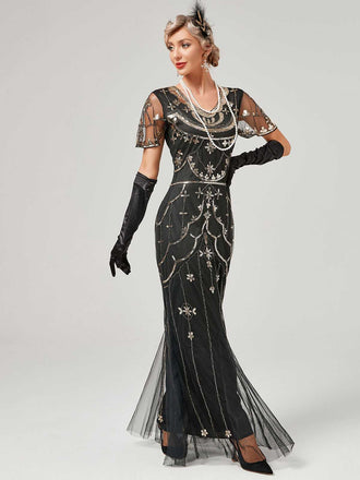 1920er V-Ausschnitt Paillettenbesetztes Mesh Meerjungfrauenkleid Formelles Kleid