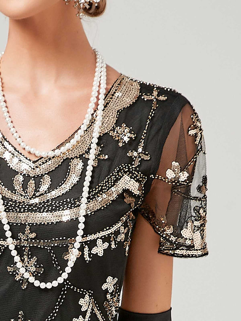 1920er V-Ausschnitt Paillettenbesetztes Mesh Meerjungfrauenkleid Formelles Kleid