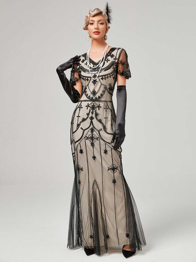 1920er V-Ausschnitt Paillettenbesetztes Mesh Meerjungfrauenkleid Formelles Kleid