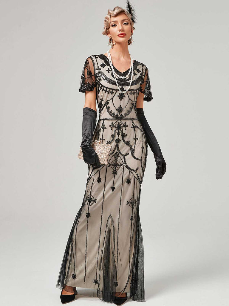 1920er V-Ausschnitt Paillettenbesetztes Mesh Meerjungfrauenkleid Formelles Kleid