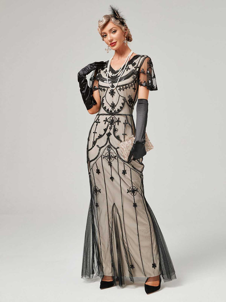 1920er V-Ausschnitt Paillettenbesetztes Mesh Meerjungfrauenkleid Formelles Kleid