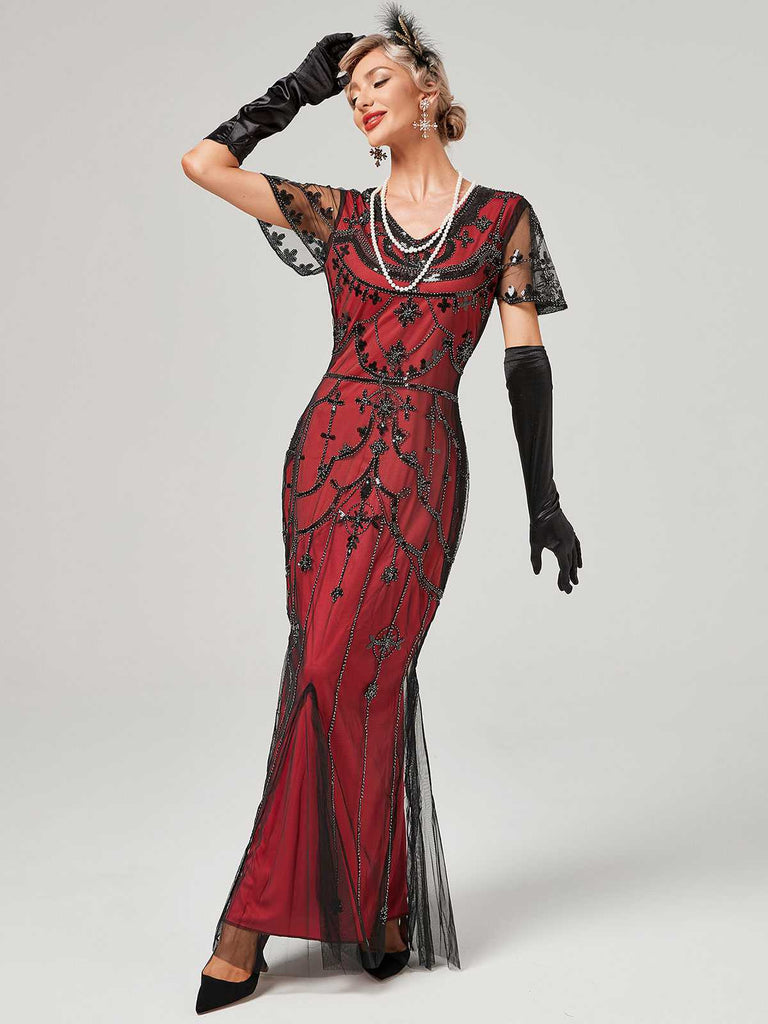1920er V-Ausschnitt Paillettenbesetztes Mesh Meerjungfrauenkleid Formelles Kleid