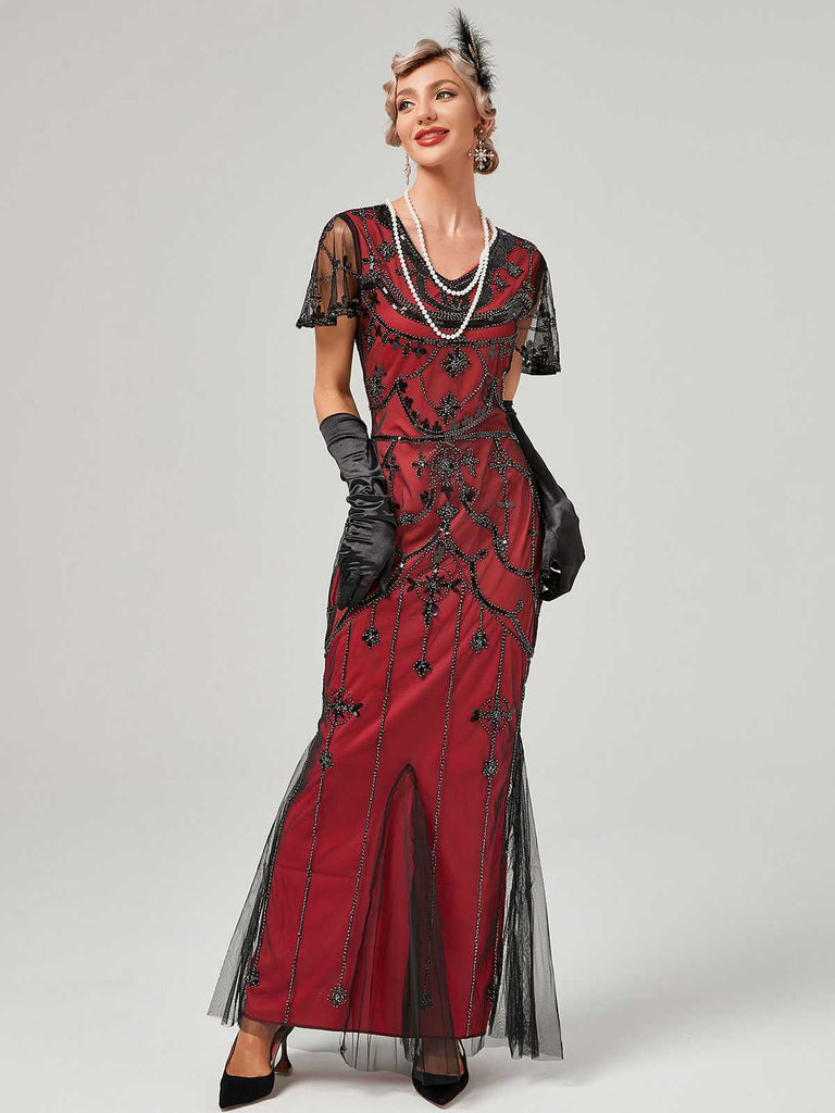 1920er V-Ausschnitt Paillettenbesetztes Mesh Meerjungfrauenkleid Formelles Kleid