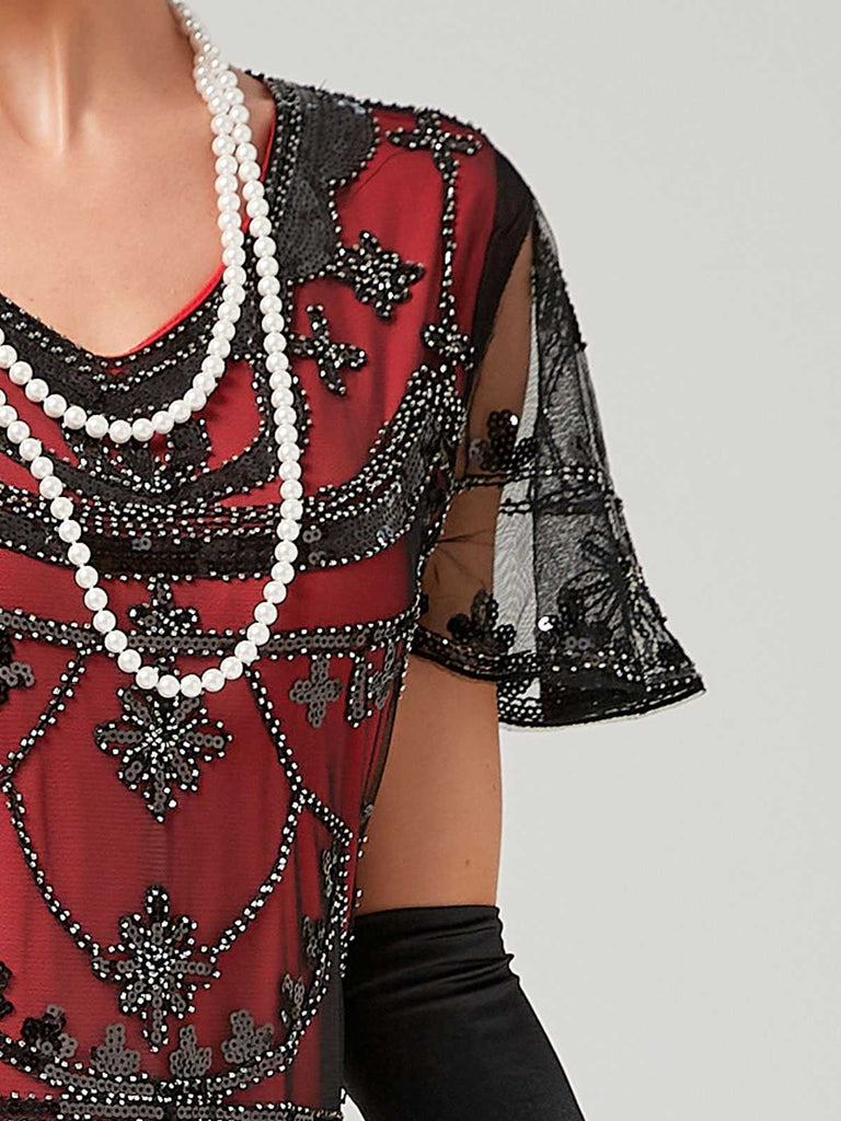 1920er V-Ausschnitt Paillettenbesetztes Mesh Meerjungfrauenkleid Formelles Kleid